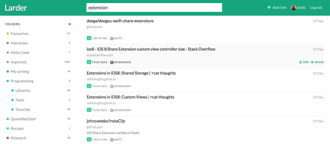 Larder bookmarks GitHub search