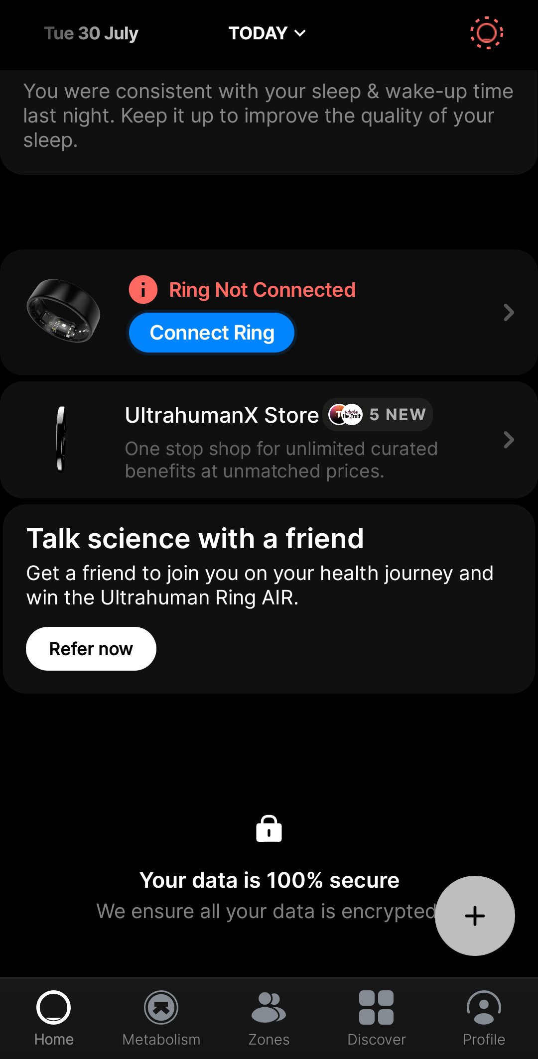 Ultrahuman app Home tab